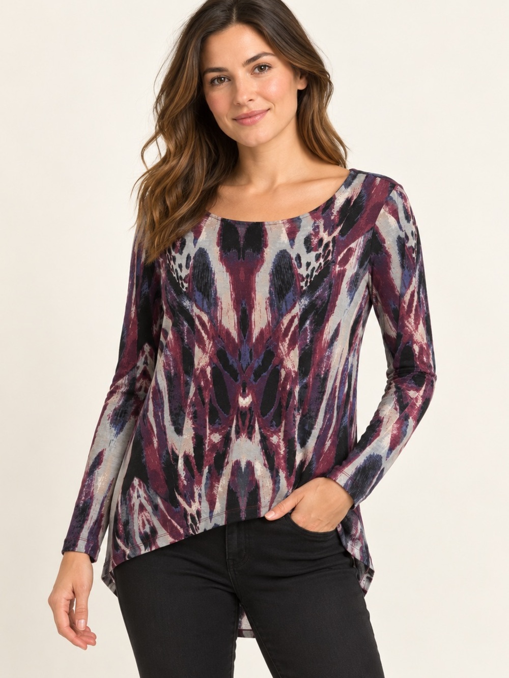 Tribal Jeans Size M Burgundy Abstract Print Long Sleeve High-Low Tunic Top
